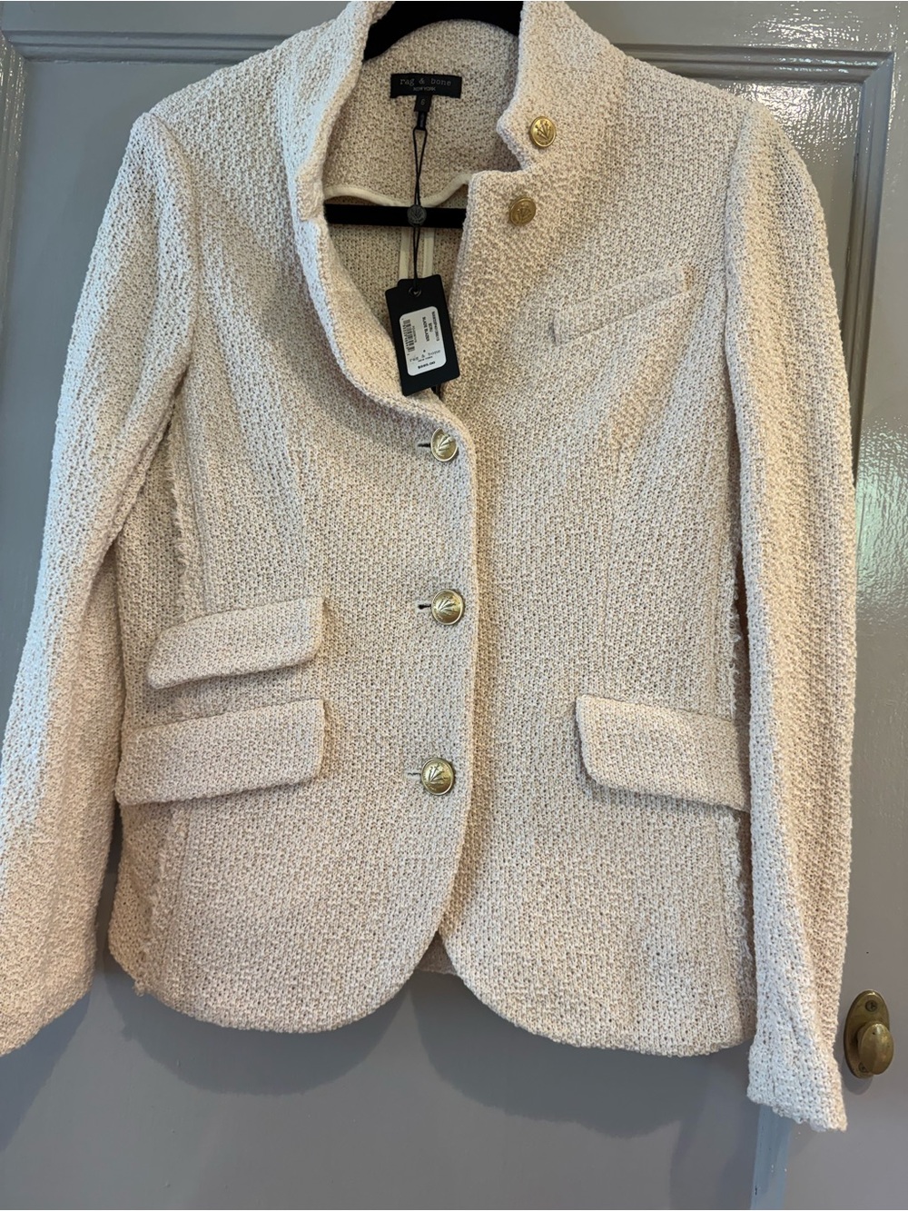 RAG & BONE SLADE Cotton Classic ECRU Cream Bouclé Jacket Gold buttons Size 6 NWT
